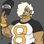  A design of the character “Nico Swanson”. A chubby, bulky trucker with medium skin tone, he wears a black & white baseball shirt with a yellow 8 on it. His hat is also black and white, with yellow, angelic imagery on the front. His coat is black and wrapped around his waist and his jeans are navy blue, distressed where his knees are. His boots are brown with loose lacing and tape wrapped around them. He wears a yellow sweatband on his wrist that also has his key wrapped around it. His face is gentle with plump, brown lips with a small scar, a small silver earring and half open eyes, one of them exposed by the fringe of his fluffy, wavy, platinum blond hair. Small, golden lines go down his face, over his eyes and down his neck to his collarbone.
