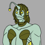 A design of the character “Loomy”. A large, green angler fish mermaid, her dark green scales are made to resemble a one piece dress over her sage green skin tone. Her hands are huge with lime green fins and pearl white claws, her wrists adorned with pearl bracelets. All over her body are scars, 3 across her stomach, one on her ankle and one across her neck covered by a seaweed ribbon. On top of her warm, smiling face is a long wig made of seaweed that goes down her collarbone.

      