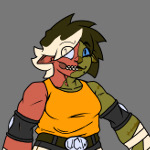 Three design variations of the character “Rita Lonsdale”. A small, bulky goblin, half of her body has burned, red skin, in contrast to her olive green skin tone. She has big, round eyes, one deep blue and the other silver. She has a round, brown nose and medium, pointy ears. Half of her mouth is exposed showing her teeth, with the unburned side showing a beauty mark underneath her lips. Her hair is big and messy, with one half of it highlighted blond. In one outfit, she wears a yellow tank top tucked into black spandex pants, worn over bright, beige leggings that go down to iron knee pads and black leather boots. Her arms are big, both sporting elbow pads and bandwrappings on the hands. Another outfit is similar, but with full pants in place of shorts and her hair pulled back into a hair bun. Another one is very different, wearing a black & yellow hoodie with short sleeves, black khaki shorts and yellow sparring gloves.