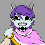 A revised design of the fairy version of the sona/character “Kipnan Swiftdust”. A small, cartoonish character, his skin light blue and his hair is long & purple with two small antennae popping out his hair. He has two big black eyes, small ears, freckles across his face and a small beard and moustache. He wears a black and brown patchworked suit vest and pants, over a beige shirt, rolled up with brown leather straps. His shoes are brown and his gloves are black with leather straps. Over his suit is a cape made from a pink napkin with white, flowery patterns. Over his shoulder is a golden ring with a clear blue crystal in it.

      