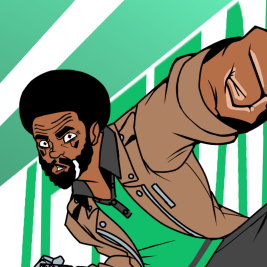 An illustration titled “SILVER SENIOR” (TTRPG token art).
           The character, Silver Senior, an old, dark skinned, bearded man with an afro, 
           is doing a flying kick towards the screen as the minty green background displays his name behind him. (Character belongs to Gerard Rickard)
          
