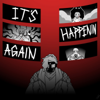 An illustration titled “It’s happenin’ again.” The character, Ellis Husqvarna, is standing solemnly at the bottom with tears pouring out of his mask, 
          a pair of hands holding his shoulders as he’s thrown back to key events in his backstory, each event framed through the visor of his old mask. 
          Event One is kid him being taken away by a shadowy figure in a field of ash & rubble. 
          Event Two is of a younger version of him realising a grave misdeed he just did as another figure sneaks behind him. 
          Event Three has a version of him a year ago discovering the dark, enlightening truth about his past.
          