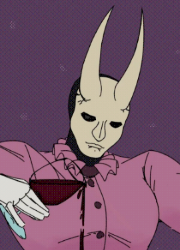A large, masked man with an hourglass shape sits on a table with his knees up, pouring a glass of red wine right in front of his exposed vagina and t-dick. He wears black thigh high boots with a maroon, pin striped suit pants and a pink shirt with a frilly color paired with white gloves. Over a black cowl is a bone white mask, resembling a beautiful man with long horns.
