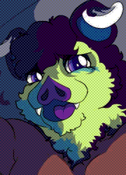 Simone, a dark skinned, chubby person is clenching on to the cover of a rose covered bed, as they lay on their back getting fucked by an anonymous penis. They don a fursuit head, wtih green and purple fur, floppy ears and iddy-biddy fangs! They look at the camera with a big smile on their face-er, mask... No, face might be fine, actually-
