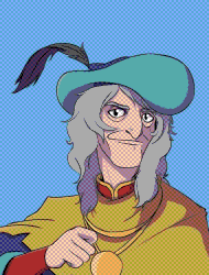 Raoulin De Caux, an old man in his 60's, dons medieval apperal with a blue robe under a red shirt, with a teal beret. He stands, one arm behind his back and the other in front of his chest, in the style for paintings of folks in his class. Below his waist is a man, staring at the painter with a worried expression, somehow unaware of the painter's presence as he was sucking De Caux's de Caux
      