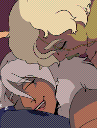 Nico, a chubby, brown skinned man with blonde, short but puffy hair, is fucking a fellow brown skinned angelic person in the ass, Tolo, who's hair is longer and sports horns and a halo in contrast to Nico's gold lining across his eyes and shoulders. Tolo is drooling on their pillow, this likely means they're dreaming about French House. What an amazing dream to have.
