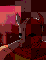 In a dark room, illuminated only by a window to a world lit in red, Hound, a large, bulky trans-masc butch lesbian with a metalic, canine head, is sitting over the edge of a bed. With a magic-tech strap on hanging in his hand, she looks over her shoulder to see her partner for the night, whose legs are splayed out as cum leaks from their pussy, staining the mattress.
