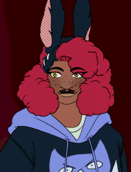Reference sheet for one Daisy De Leon, but you can call him DeeDee! A dark skinned, chubby bunny with bunny ears that stand up above his red, puffy hair. He wears a cute plaid skirt and a black hoodie with blue trims and hood, the design on the torso featuring a furby-like creature with a knife... Concerning...
