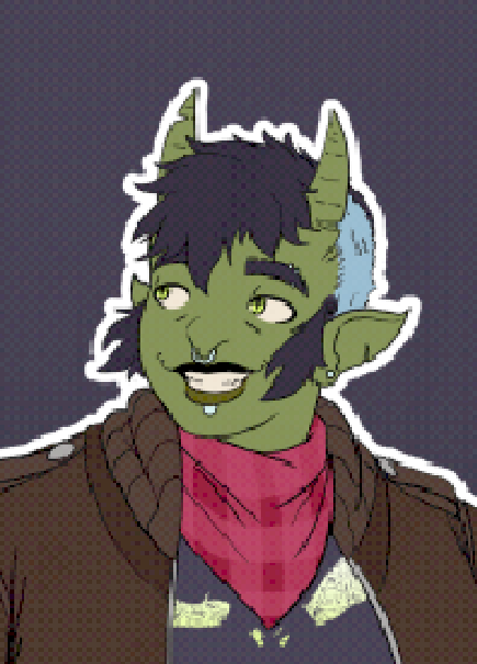 An Adoption featuring a tough 'n' tall, green horned person named 