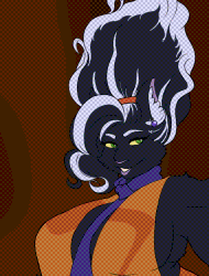 A reference sheet for the forever and always playful and mysterious Stray Queen- Or Stray, as some people call her. A big, chubby cat woman with black and white fur, donning an orange body suit with a purple scarf. Her hair is tied up behind her, becoming more white at the tip. She gives the camera a smile as she does a small dance.

      