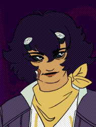 The reference sheet for Jay. Just call 'im Jay. A short asian dude with shaved off horns underneath a messy bed of hair. He dons a large denim coat alongside his signature yellow scarf and gloves.