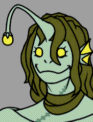 A standalone design of the character called Loomy, a giant fish woman with broad shoulders and huge, hulking arms armed with claws in her webbed hands. She wears a seaweed wig that drapes down past her shoulders, framing a wide, beaming grin, beady yellow eyes and her Angler fish lantern that hangs from her forehead. The outer layer of her body resembles a one-piece dress that reaches her ankles and wraps around her stomach, revealing a scar across it.
