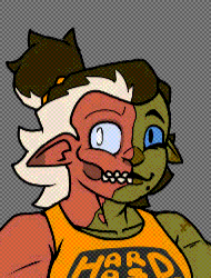 Three design variations on a Goblin wrestler character called Rita. Half of her forest green skin is a damaged, light red, with half of her face showing half of her teeth. Her messy hair goes from brown to a bright yellow color. In the main variation, she ties most of her hair into a hair bun, donning modern wrestling attire like leg padding, bandaged wrappings and a tank top with a diamond design that says Hard As Diamond. Other two variations has her hair untied, in a sort of messy, anime-esc shape. In one version, she wears a black and yellow hoodie with black denim shorts and brown boots. The other version has her in a blank yellow tank top and black spandex pants with white leggings.

      