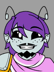 A simple turnaround for a fairy character named Kipnan Swiftdust. His sparkling skin and antennae are baby blue while his long, beautiful hair is purple. He has big expressive eyes and a small but sharp beard and moustache. Under his cloak made from a pink napkin with white trimmings is a custom made suit with a black pants and vest, a cream colored shirt and a ring that sits on his shoulder like a shoulder plate. Across his outfit are brown straps and patches, tying his sleeves up, holding his gloves together, padding up his knees, paired with little brown shoes.
