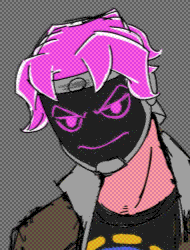 Designs for 4 characters for a shelved super hero project. Lucky is a short and stout frog-themed hero, with a navy blue body suit over green padding with an orange accents. The suit's tummy is cream colored and her scarf and the circular cheeks on her smiling frog mask are pink. Neon is a slouching, pink skinned man with glowing magenta hair. He wears simple gloves and boots with brown overalls over a shirt with the cover of the King Gizzard album Flying Microtonal Banana. Over his face is a mask, displaying an LED face that's scowling at the viewer. Sandy is large and in charge, with circular shades, black slicked back hair and silver jewellery all over their hands. They a clean, black suit over a red shirt striped with silver. Ira, underneath her Eyeball mask, is a dark skinned lady with red dyed dreads. The rest of her costume is black, accented with gloating lights across the seam lines.
      