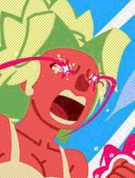The character, Jackie Fiasco, flying into the air in a hypothetical “Super Sparkling” form, turning her into a large, buff, Super Saiyan-esc version of herself as magenta energy flows from her eyes and fist. (Fun Fact: This got called canon by the initial social media manager of Aggro Crab, Going Under’s creators. That manager got fired after it was discovered she was shitty. I wonder if this is still canon?)