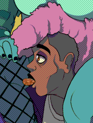 Dennis Doe, a dark skinned, lanky man with a pink frohawk and a maroon leather jacket, sits on stop a stone pillar with phone in one hand, a pringles tube in the other, and a chip in his mouth. On his shoulders sits Abby McPhearson, a chubby ghost lady with a large pony and the same jacket Dennis wears but in the same teal the rest of her ghostly body appears in. With a hand over her eyes, she scans the opposite direction of Dennis, the two waiting for... Something.
          