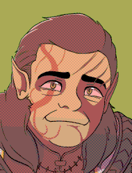 A portrait of the character Halsin from Baldur's Gate 3. He looks at the camera with gentle, caring eyes, hunching over just a little to get into frame. He's in his default outfit, with a white sleeveless robe over leather clothing. On his shoulders are leaves, held down by the  leather straps that wrap across his chest and meetup at the logo of the Emerald Grove.