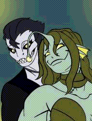 An illustration featuring the characters “Loomy” & my boyfriend's character “Rivvy”. The two are in an intimate dance, with Rivvy caressing Loomy’s legs from behind. Loomy’s a large, angler fish lady in various shades of green, her scales made to resemble a sleek, one-piece dress. Her arms are huge with pearl bracelets on her wrists. Across her body are scars, three across her stomach and one across her neck, covered by a seaweed choker. On her grinning face is a long wig made of seaweed that goes down her collarbone. Rivvy, a similarly tall fish lesbian, based off of a dragonfish. His blue-ish black scales resemble a suit, his barbel wrapped around his neck like a tie over his silver skin. His face has defined cheekbones with jet black eyelashes that make his yellow eyes pop. His hair is also black, slicked back with two strands of hair poking out.

          