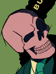 An illustration of a pink skeleton in a green suit holding out a bag of sopping wet chalk with furrowed brow, which is quite impressive. Behind him is a circular patterned background of black and green lines with the yellow text 'YEAH, YOU MAY BE COOL, BUT HAVE YOU EVER HAD' which leads to white text in front of him that says 'WET CHALK NOW 20% SLOSHIER'
          