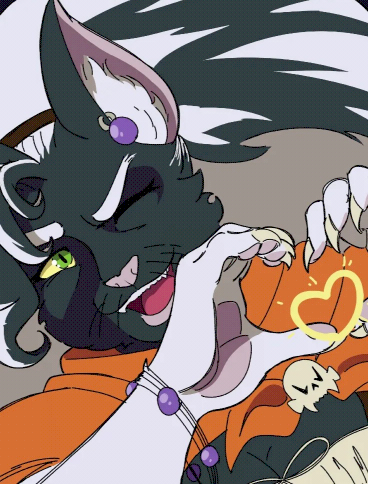 Tara Grimmel, a big ol cat lady with volumous black and white hair, leans toward the camera to give a heart with her hands! She's wearing a brown vest under an orange cloak, pinned by a skull design.

