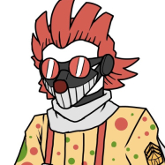  Full front view of the design of the prompt: “Air force clown”. 
          Skinny human with a yellow jumpsuit with red & green polka dots with red boots & straps and a white scarf & gloves over it. 
          His hair is red and is made to look like it’s been blown back by strong winds, his face being covered by a pilot mask and red goggles. 
          He bears a tattoo with a heart that says “momma” and the rank design on his sleeve is 3 circus tents stacked together.
      