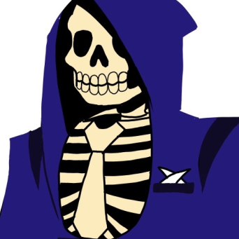 A full front view of the design for the prompt, “Grim Reaper Bartender”. A skeletal humanoid, they wear an abstract, blue suit that drapes at 
            the bottom with a ragged tail. Underneath are regular suit pants and shoes. In their breast pocket is a napkin folded to look like a pair of scythes. 
            Their ribcage is exposed along with their skull & hands, the sternum meant to invoke the shape of a tie.