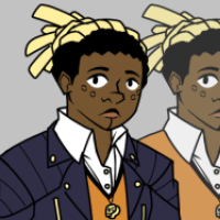  Full front view of the design(s) of the character, “Lucas Lane”. A human with dark skin, 
          black dreads that are dyed blond that can turn into an orange & blue arachnid-like being with appendages coming out the back. 
          He’s wearing blue suit pants, a white buttoned up shirt and an orange cardigan vest with a blue biker jacket over it. 
          He also dons white biker boots & fingerless gloves, and a necklace with a Shakespear skull design on it.
      
