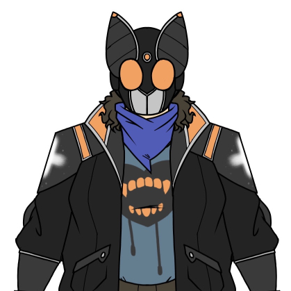 Full front view of the design of the character, “Ellis Husqvarna”. A human with long, 
          brown hair and stubble for facial hair. Underneath his big, black coat with orange highlights and pauldrons, he wears a blue scarf, 
          teal tank top and brown pants with bionic boots. He has a mask, matching his coat in colour scheme, that has compound eyes & antennae that are made to
           make it resemble a moth.
      
