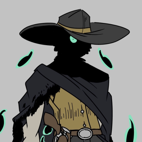 A full front view of the character, “Stitch”. A long, towering, spectral cowboy whose face is 
          obscured by the harsh shadows of his hat, crow feathers falling out of it into his boots. His cloak is burned on some of the edges, 
          the tail of it resembling a crow’s tail. A bright teal glow emits from his eyes, feathers and holes created by the stretching of his clothes. 
          (Co-designed by me & Val)
      