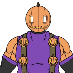 Full front view of the design of the prompt, “Pumpkin Smiley Bomb”.
           Large, buff humanoid with a lit pumpkin head and purple cloth with belts over it. 
           On his belt are small pumpkin bombs and has a gold, circular belt buckle that says “BOO(M) Heheh”. 
           His limbs are in leggings and gloves that go up to his forearms, his legs also being clothed by purple crocs. 
           (Design is in reference to @GianniMatragrano on Twitter)
      