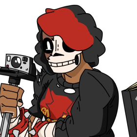 Lineup of designs for the character, “Daisy De Leon” for Monster Prom. A dark skinned woman 
          who wears a skeletal mask and holds a camera on top of a bloodied tripod in each design mostly. “Default” has her in a tattered sweater & flannel 
          patterned skirt. Her “Party” outfit has her hair tied with a blue bathrobe over her base outfit. “Prom” has her wearing a small red dress underneath 
          a black leather jacket with rolled up sleeves. “Wrestling” has her a distressed shirt, wrestling boots and garter belts, the camera now wearing a 
          cowboy hat. “Bee” has her mask take on a bee look while she wears a striped sweater with a boob window, thigh high leggings and her camera wearing a 
          bee cowl.
      