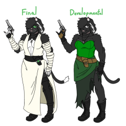 A full front view of the final (left) & developmental (right) designs for the character, “Stray”. A humanoid cat woman, her old design shows her
             as a fully black cat in a bodice dress in shades of green and a two layered, tattered skirt. Her final design has her with bits of white fur on her 
             tummy & hands with green eyes, a long, white cocktail dress, black combat boots & wrappings across her arms. Both version have ear rings and a scar
              on her neck covered by her necklace