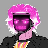 Full front view of the design of the character, “Neon”. Superhuman with pink skin & glowing 
          magenta hair & eyes, wearing a simple back jacket with his logo graffiti’d onto it, along with Timberland-style boots with a construction tools belt.
           His face and right arm are covered by an LED projecting mask & a chunky power gauntlet respectively. His left hand is exposed, showing purple veins,
            the tip of his fingers showing the same hue.
      
