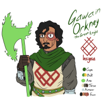 A bust front view of the design for the character, “Gawain Orkney”. A humanoid modelled after Dev Patel, the left side of his face is burnt, 
            his eye on that side now greyed. He wears early mediaeval period knight clothing with layers of cloth underneath his chainmail. 
            Over it all, he wears a forest green cloak and a jade green sash around his waist. He’s holding an axe that’s made out of a fiery green energy.