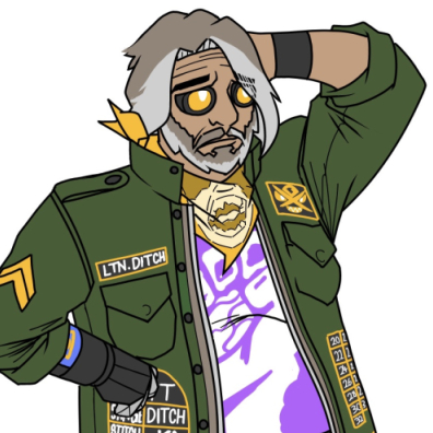 Full front view of the design for the character, “Dutch McCoy”. 
          An old man with blond, long, greying hair, he wears a military jacket decorated in a way similar to biker club jackets. 
          Below his cybernetic eyes is his scarf that has a printed image of a zombie’s mouth. 
          He has a purple shirt that has a rebellion fist holding a vague organ. His skinny jeans, along with his boots, are held together by shoe laces of 
          varying colours like yellow, purple and blue.
      