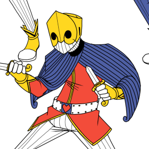 Full front view of the designs for the prompt, “Poker card themed sentai henchmen”. 
          Skinny humanoids with bright outfits based off of the king of hearts card with varying colour schemes. 
          They wear a golden helmet with large dots in place of eyes and a toothy mouthpiece that leads down to their striped cape, 
          the pattern matched by their pants. They hold knives in each hand, made to fit into the sites of the helmet to look like horns almost.
      