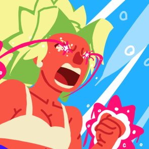 The character, Jackie Fiasco, flying into the air in a hypothetical “Super Sparkling” form, turning her into a large, buff, Super Saiyan-esc version of herself as magenta energy flows from her eyes and fist. (Fun Fact: This got called canon by the initial social media manager of Aggro Crab, Going Under’s creators. That manager got fired after it was discovered she was shitty. I wonder if this is still canon?)