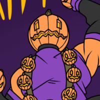 A low angle of the Hallowe’en version of Gianni Matragrano’s online avatar leaping out from an 
          explosion. The text “Happy Hallowe’en!!!” is displayed.
          