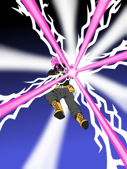  An illustration of the character “Neon”, the main character of 4K Volts, doing a large beam attack towards the camera dubbed “The Plasmalanche”. His mask seems to have a huge crack that goes from top to bottom as it displays a fierce, screaming face.