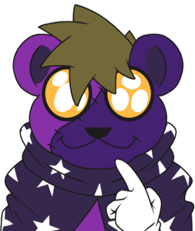 The large portrait of my sona, a purple teddy bear with a star patterned blanket for a cape, staring at the camera and pointing to himself… Or me? H-How do I phrase this?