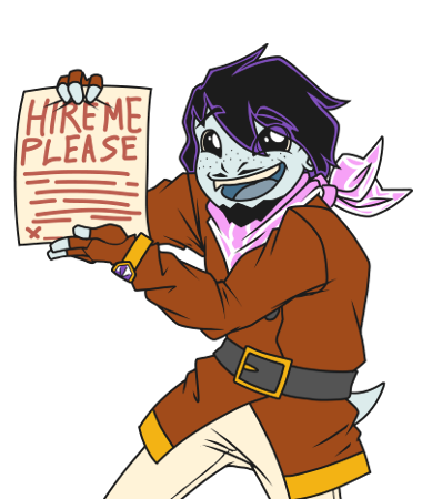 The large portrait featuring the character “Kipnan Swiftdust” in his goblin form. A small, blue figure in a brown coat with gold trimming and a pink scarf. In his hand is a contact form that comically just says “HIRE ME PLEASE” as he presents it with a wide, open smile.