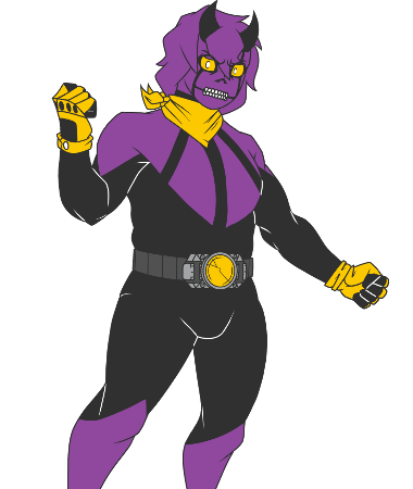 The large portrait for “Jay”, one of the key characters in Crypt-Bastards. A humanoid in a purple & black bodysuit and yellow gloves & scarf with a belt that has a damaged device as its buckle. His eyes are yellow and his teeth and nose are depicted in a skeletal fashion.
