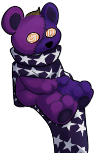 An illustration featuring my sona. A small teddy bear sitting down with a blanket for a cape, all in varying shades of purple. His eyes have a spiral pattern in there in white & orange. He sports a small tuft of brown hair on the bed of his head. (Art done by Val)
